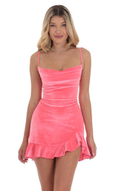 Velvet Ruffled Slit Dress in Coral